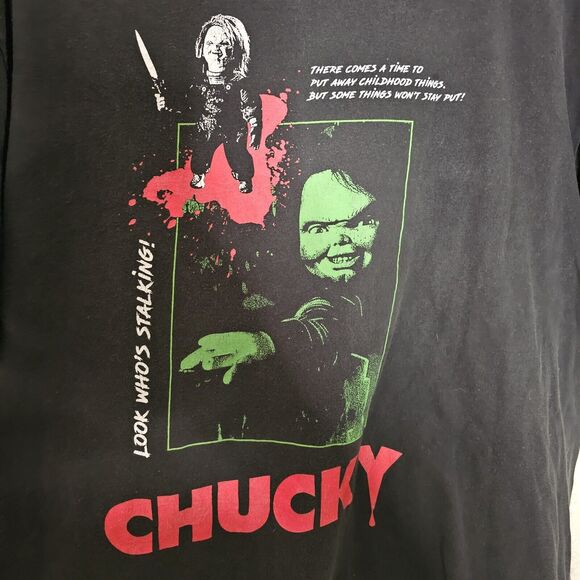Chucky Horror T-Shirt Child’s Play 'Look Who's Stalking' Black Movie Tee - Picture 5 of 5